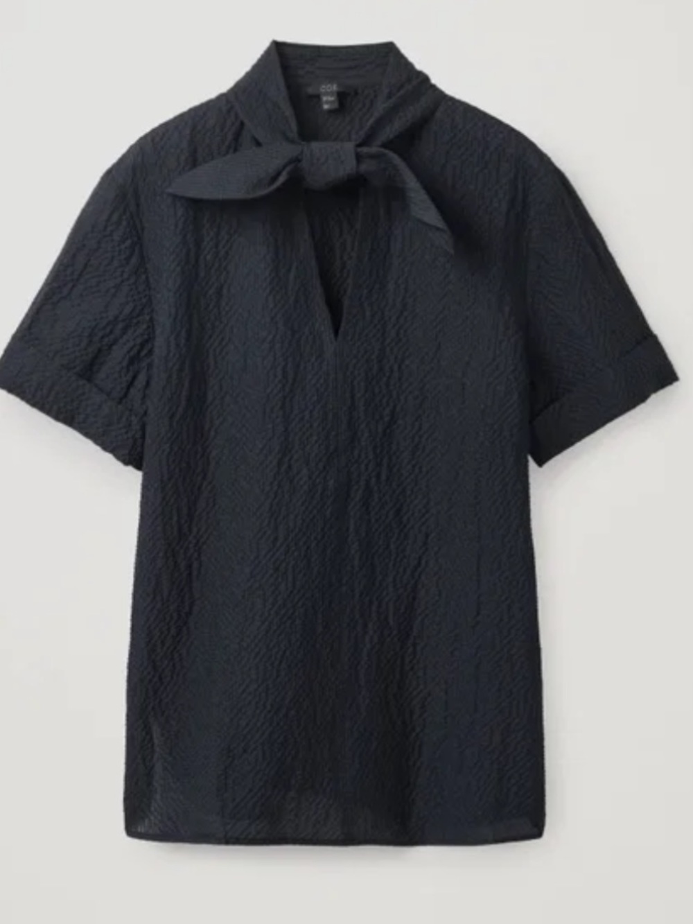 COS Navy Short-Sleeve Tie-Neck Blouse in linen, viscose, and cotton blend